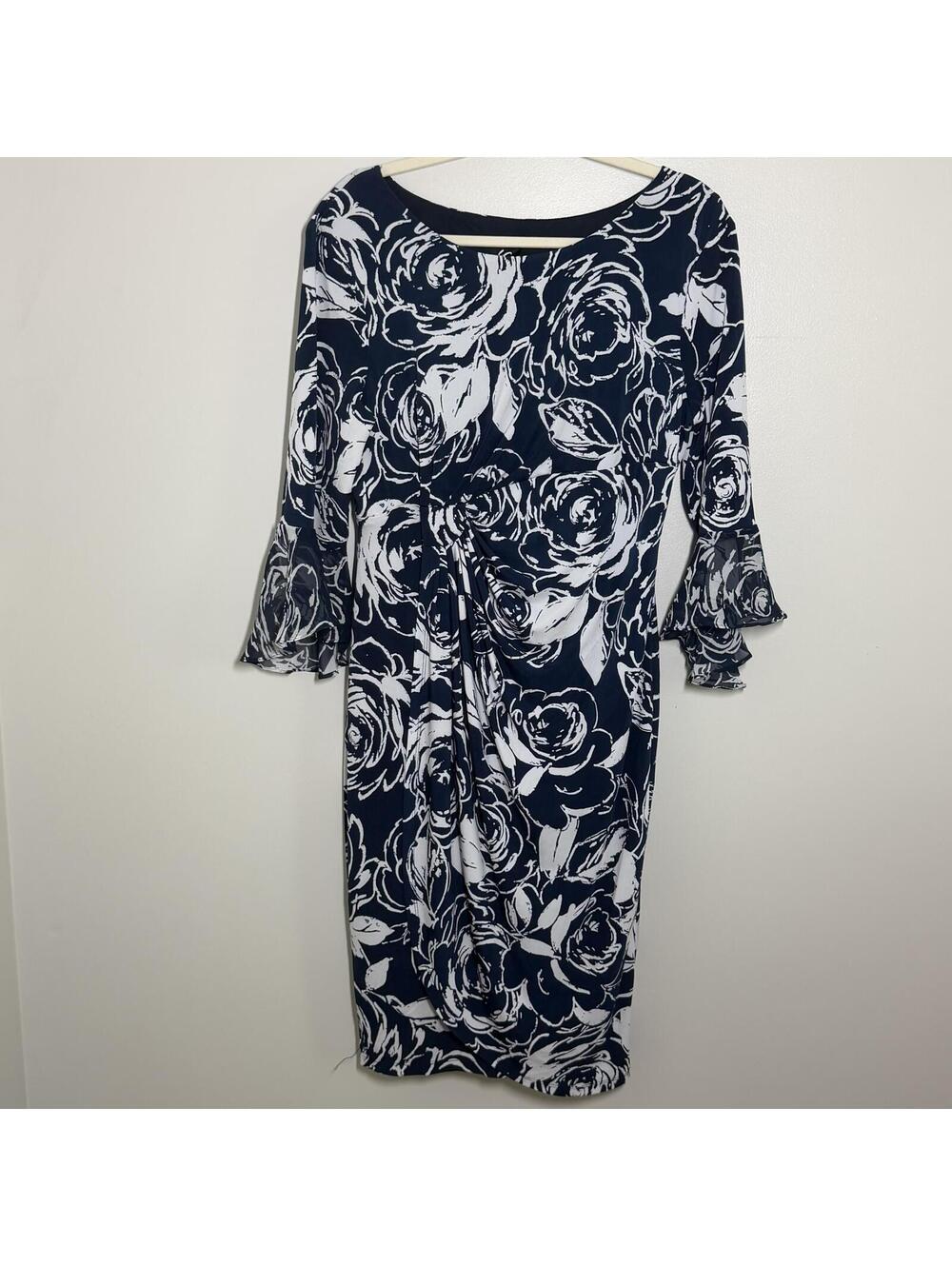 Studio Connection Floral Sheath Dress Size 14 Navy White Print Bell Sleeve Dress